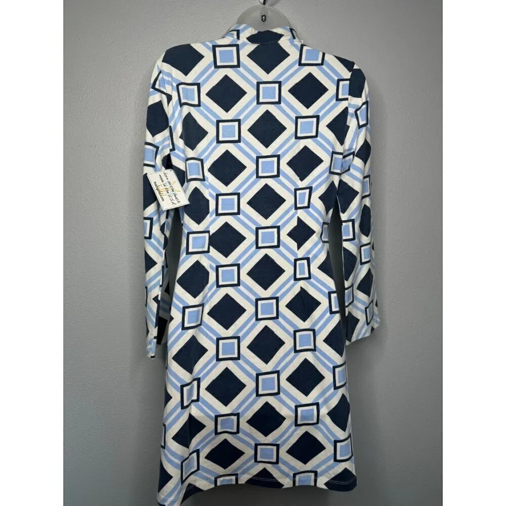 MAHI Gold Tunic Dress Womens S 3/4 Sleeves Geometric V-Neck Navy Blue NEW - Picture 2 of 7
